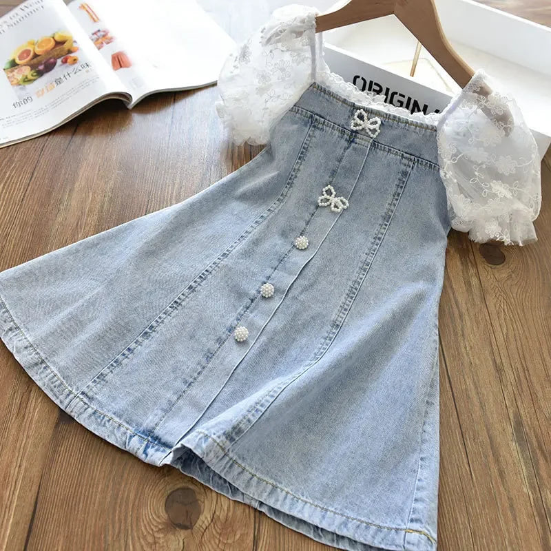 Vestido de Jeans com Mangas de Renda para Meninas, ideal para o verão