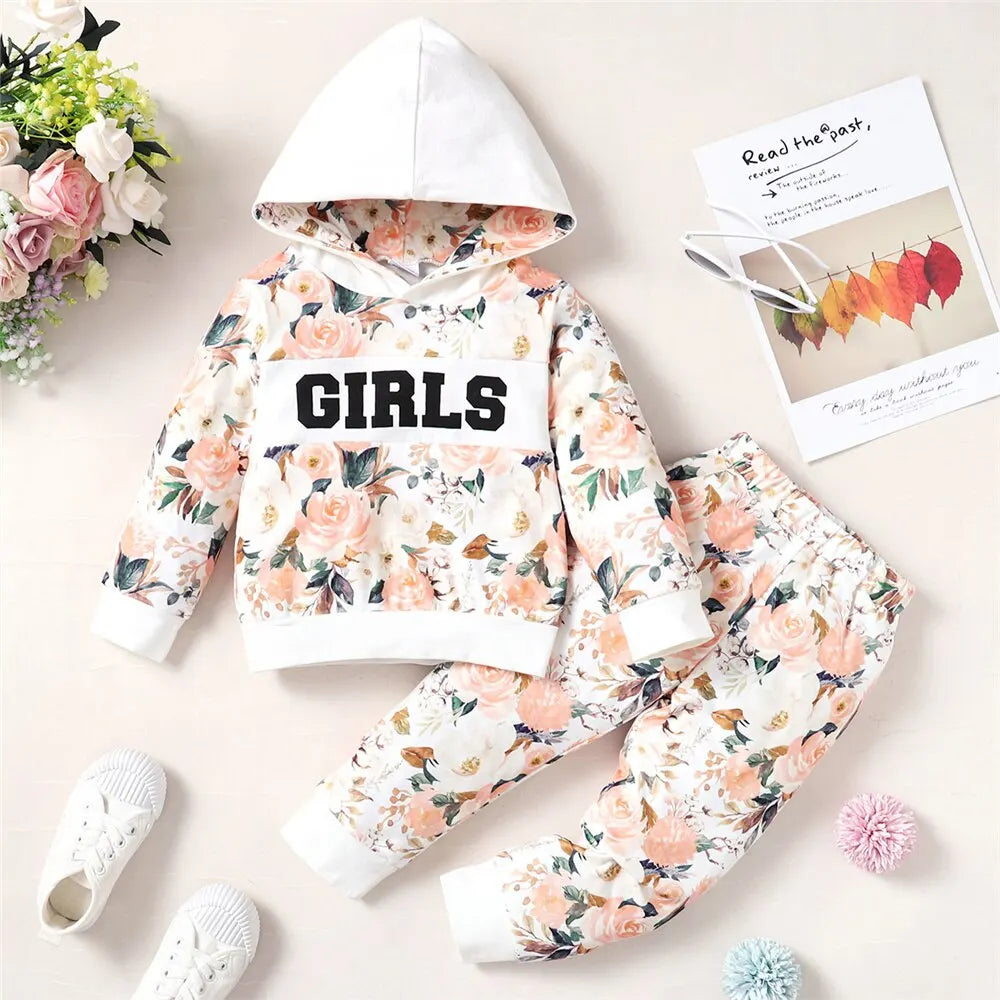 Conjunto de Roupas para Meninas com Estampa Floral, hoodie e calça para outono e inverno
